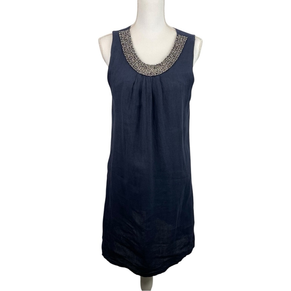 Lungo L’Arno | Navy Linen Silver Beaded Collar Sleeveless Dress